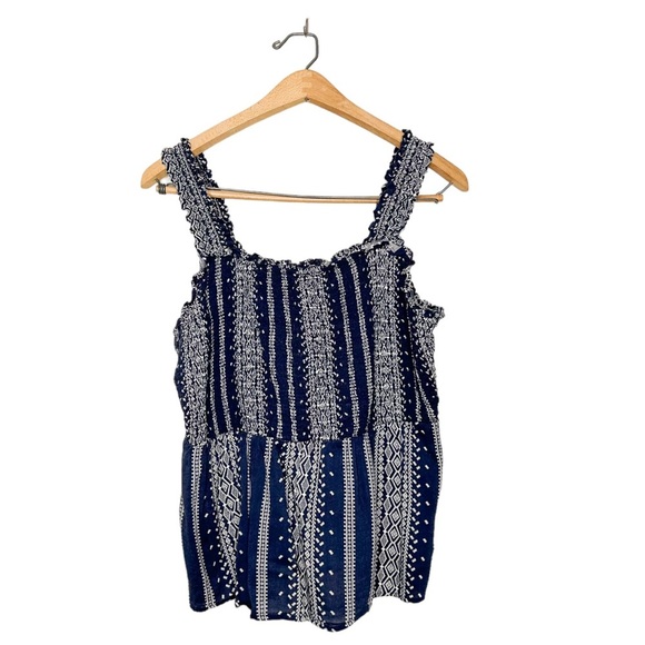 Old Navy Womens Casual Boho Smocked Blue Print Tank Top Large L - Picture 1 of 7